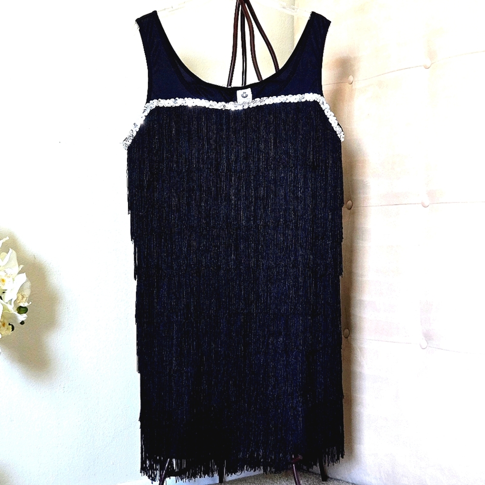*SOLD* Spirit Halloween Flapper Dress, Black Fringe Mini Dress w Silver Sequins - Picture 2 of 5